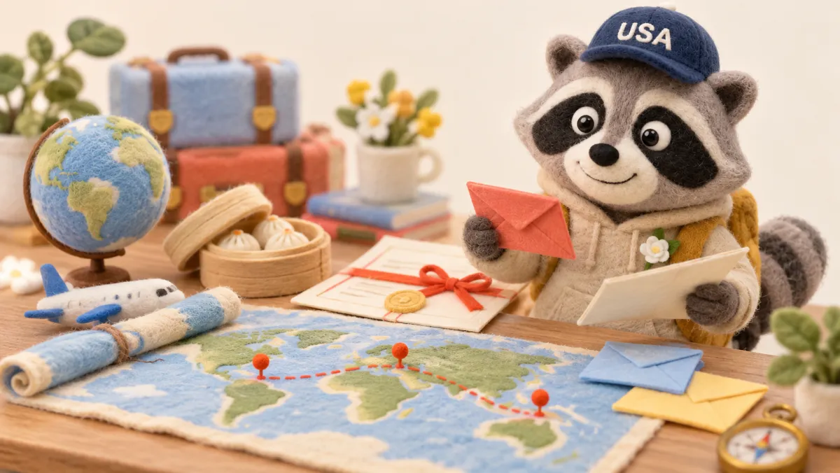 A felt raccoon holds a red envelope and compares documents; on the table are a world map, a dotted line joining three pins, a certificate and a dim sum steamer