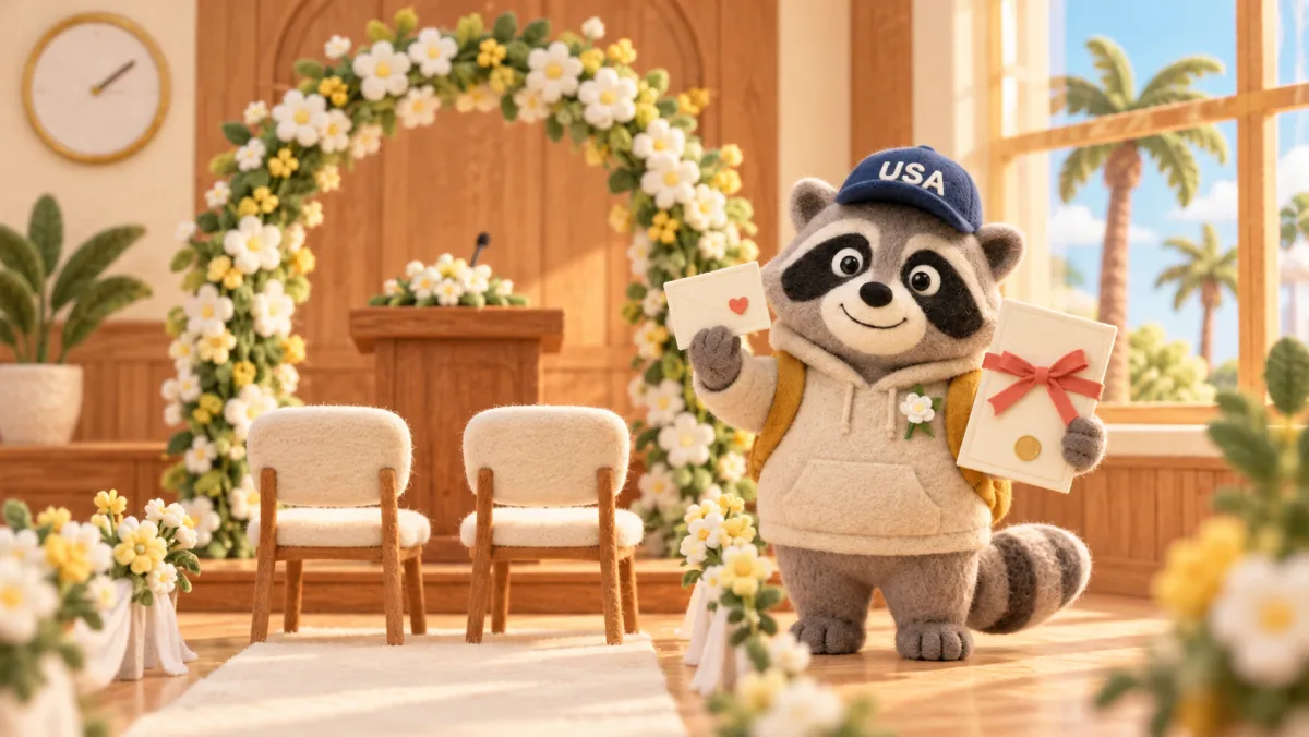양모 펠트 너구리가 나무 벽으로 된 작은 예배당의 꽃 아치 옆에서 예약 카드와 빨간 리본을 묶은 허가증을 들고 있고, 창밖에는 야자수가 보입니다
