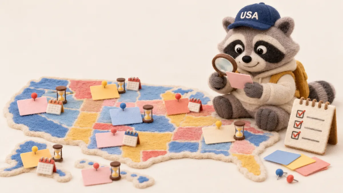 양모 펠트 너구리가 미국 지도 모양 카펫 위의 카드를 돋보기로 살펴보고 있고, 옆에는 모래시계와 체크 표시를 한 목록이 있습니다